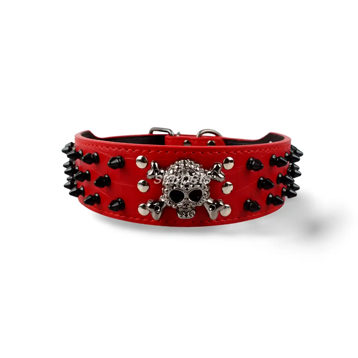 Dog Collar - Skull Spiked Studded Leather Dog Collar Bullet Rivets red